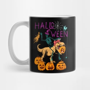 Halloween Skeleton Riding Dinosaur with Messy Bun Mug